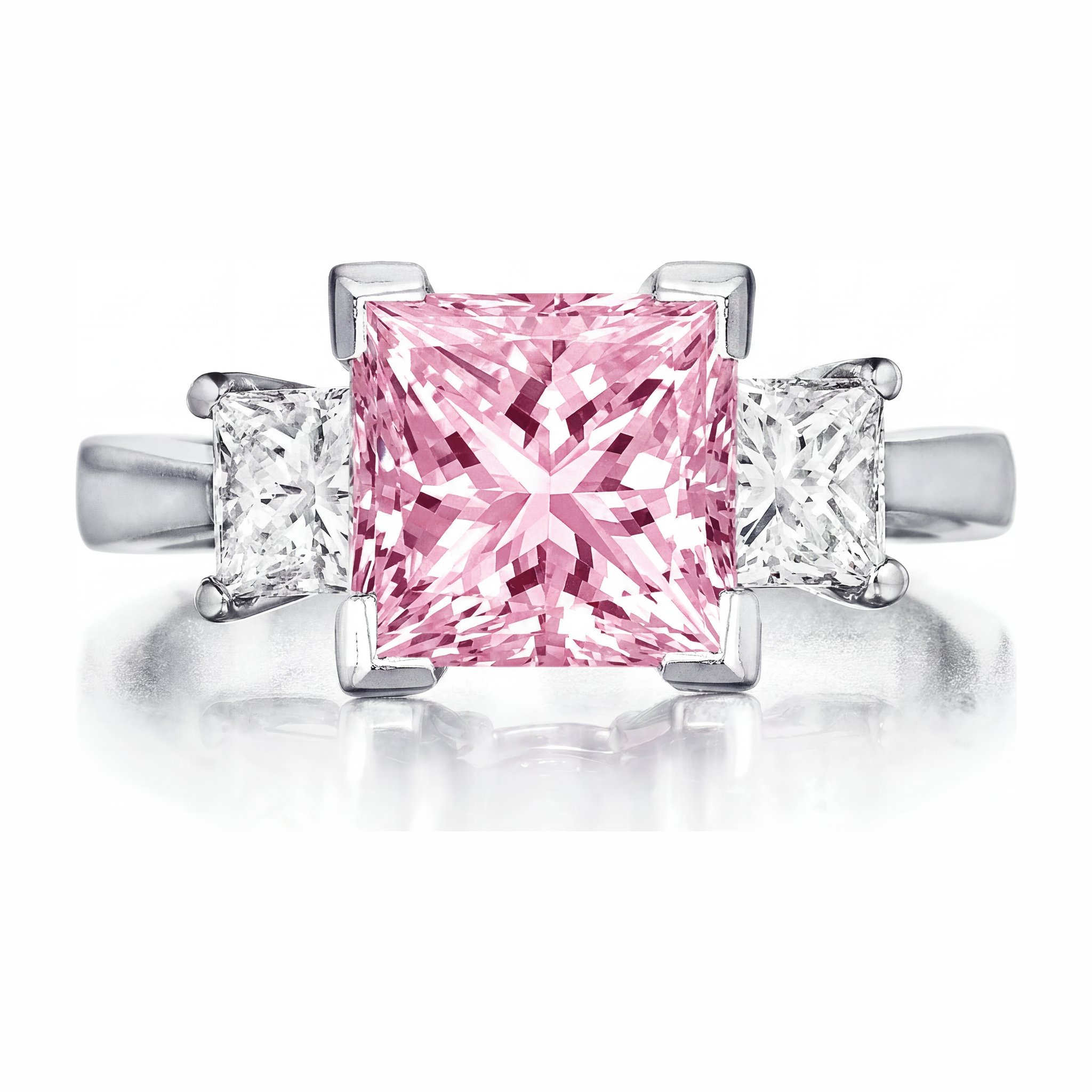 Pink Diamond Ring 3.5 Carat Lab Grown Princess Three Stone 14K White Gold