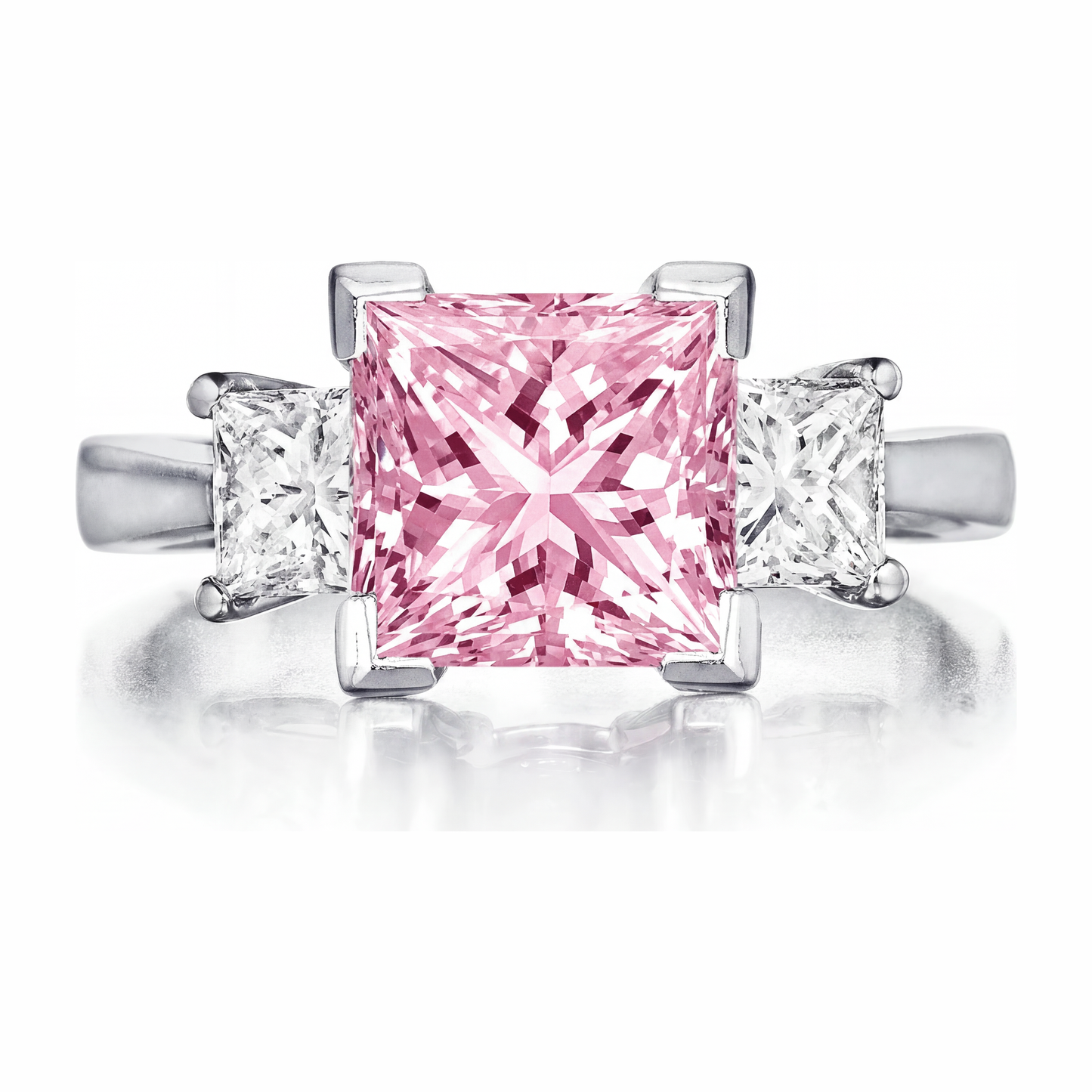 Pink Diamond Ring 3.5 Carat Lab Grown Princess Three Stone 14K White Gold