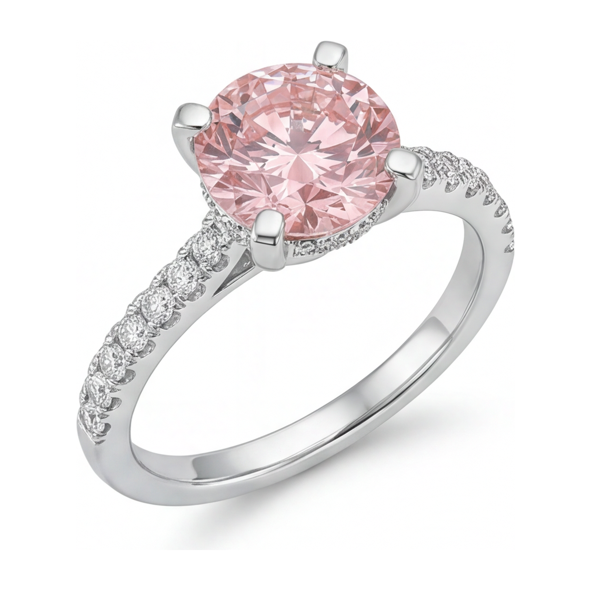 Pink Diamond Ring 3.5 Carat Lab Grown Round Pave 14K White Gold