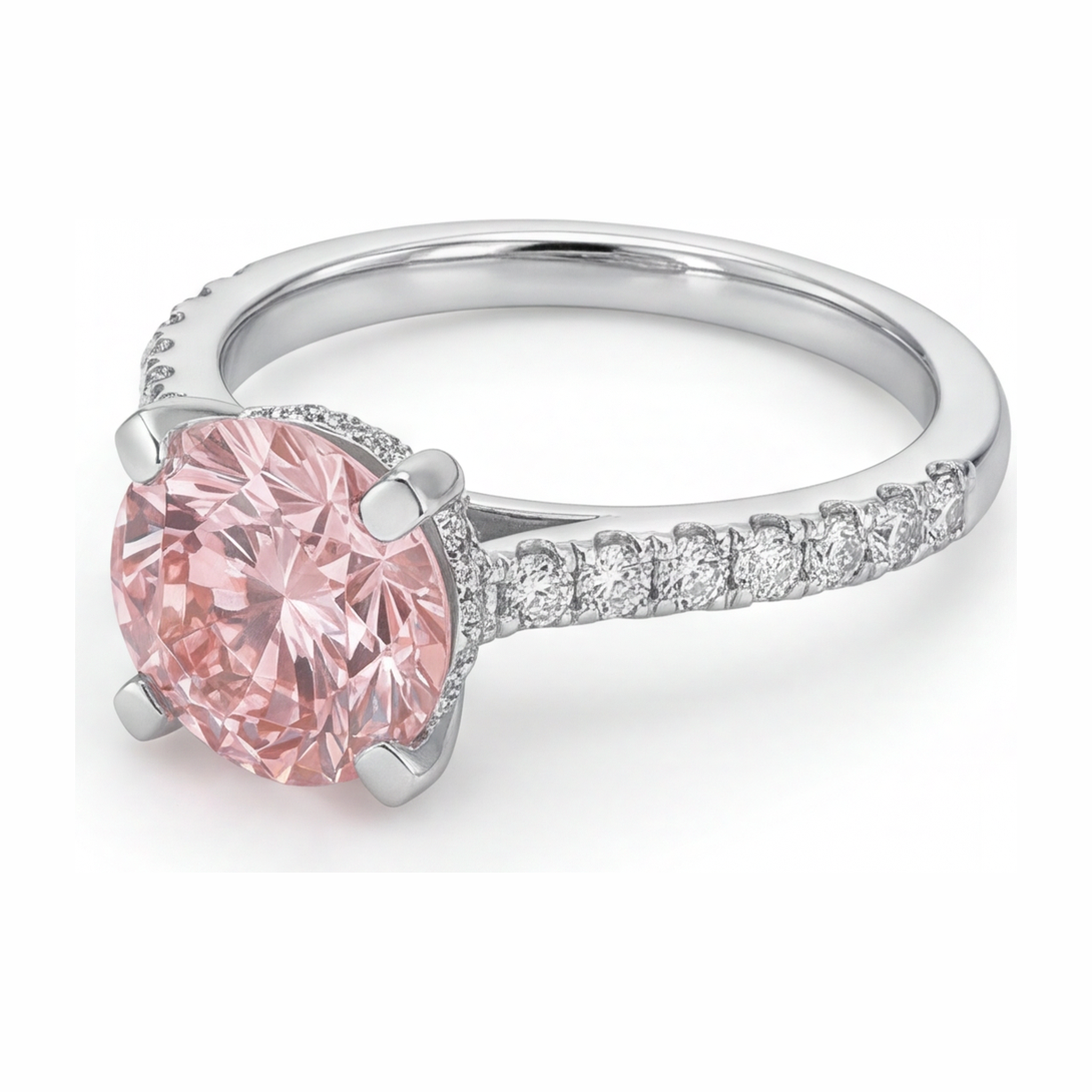Pink Diamond Ring 3.5 Carat Lab Grown Round Pave 14K White Gold
