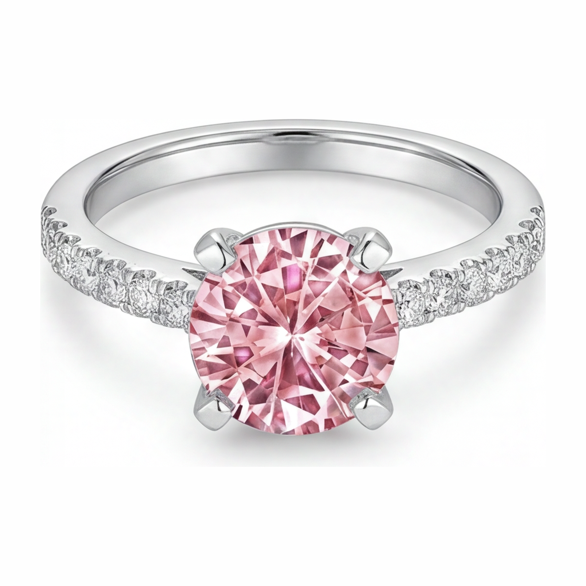 Pink Diamond Engagement Ring 3.5 Carat Lab Grown Round Pave Cathedral 14K White Gold