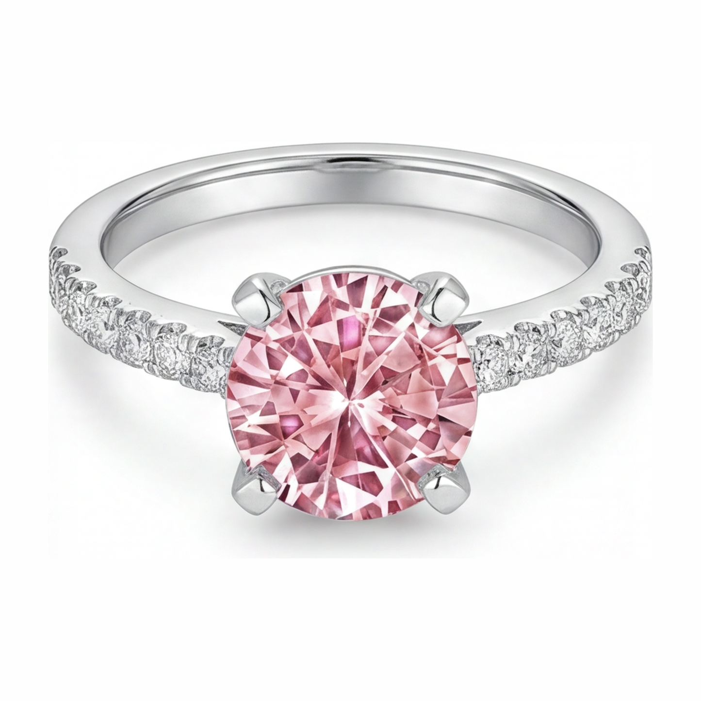 Pink Diamond Engagement Ring 3.5 Carat Lab Grown Round Pave Cathedral 14K White Gold