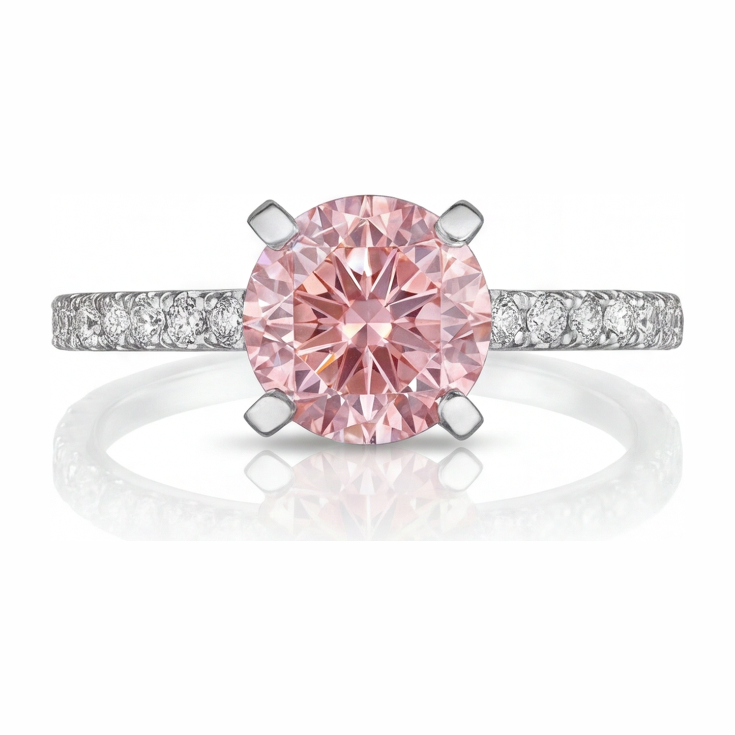 Pink Diamond Ring 3.5 Carat Lab Grown Round Pave 14K White Gold
