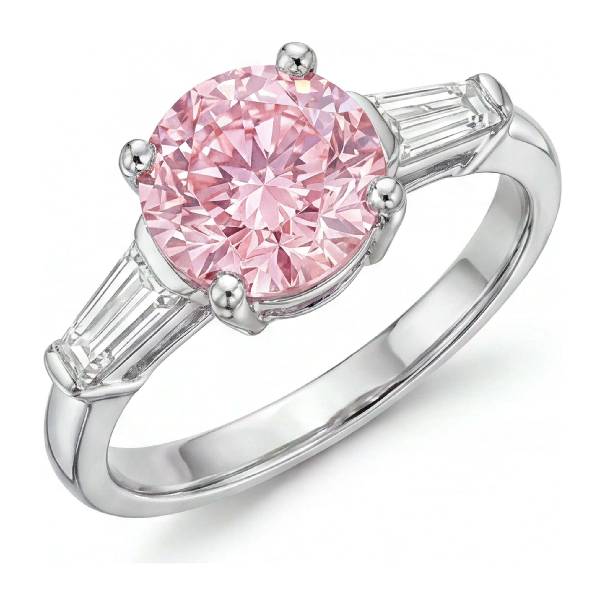 Pink Diamond Ring 3.5 Carat Lab Grown Round Three Stone 14K White Gold