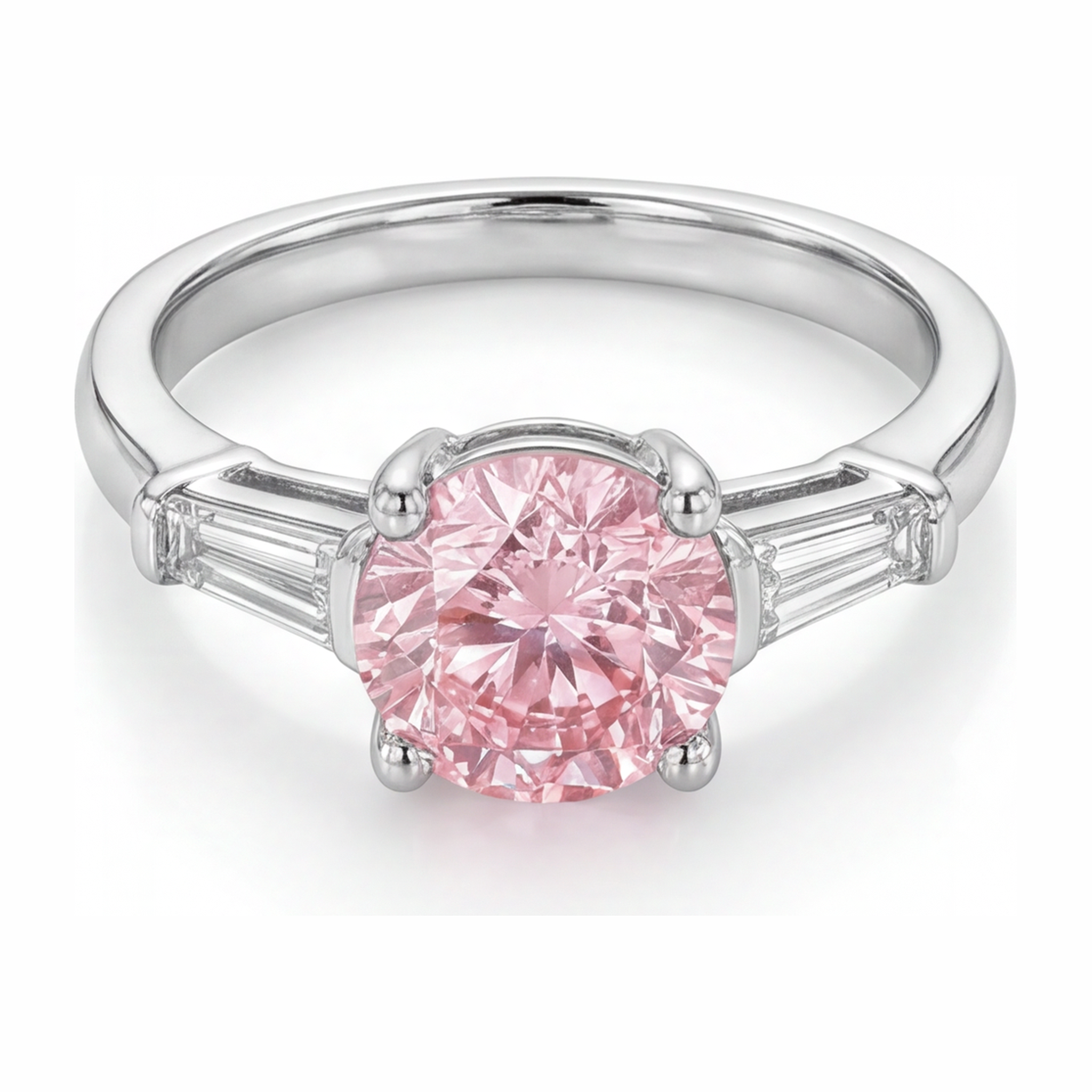 Pink Diamond Ring 3.5 Carat Lab Grown Round Three Stone 14K White Gold