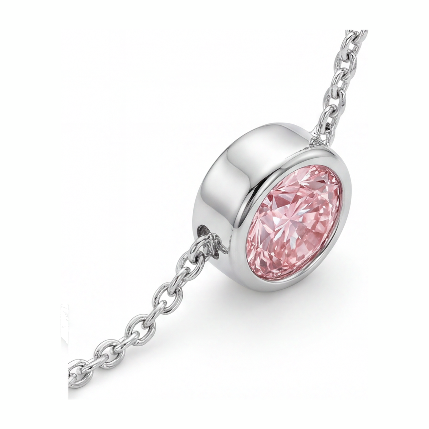 Pink Diamond Necklace 3.5 Carat Lab Grown Round Bezel Pendant 14K White Gold