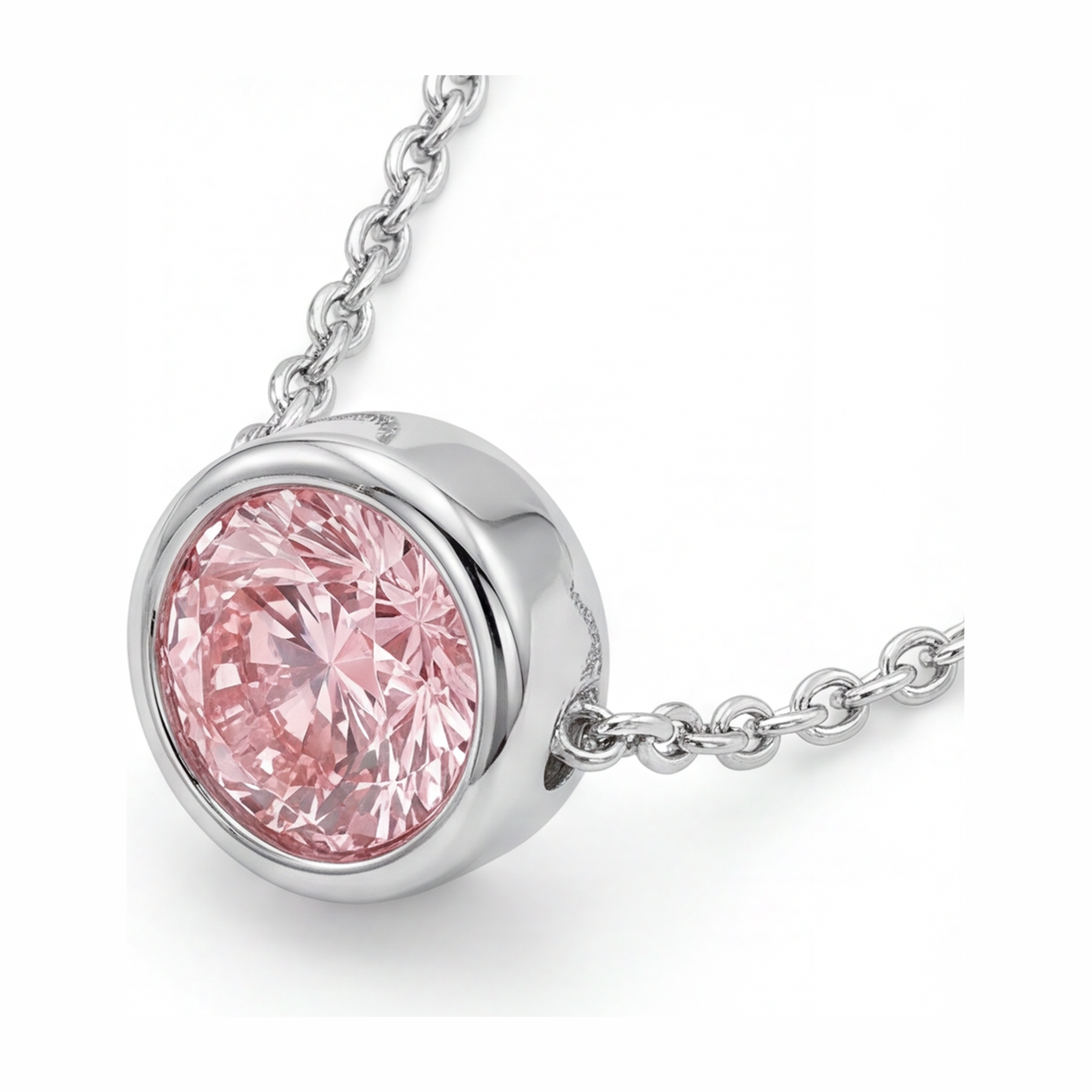 Pink Diamond Necklace 3.5 Carat Lab Grown Round Bezel Pendant 14K White Gold