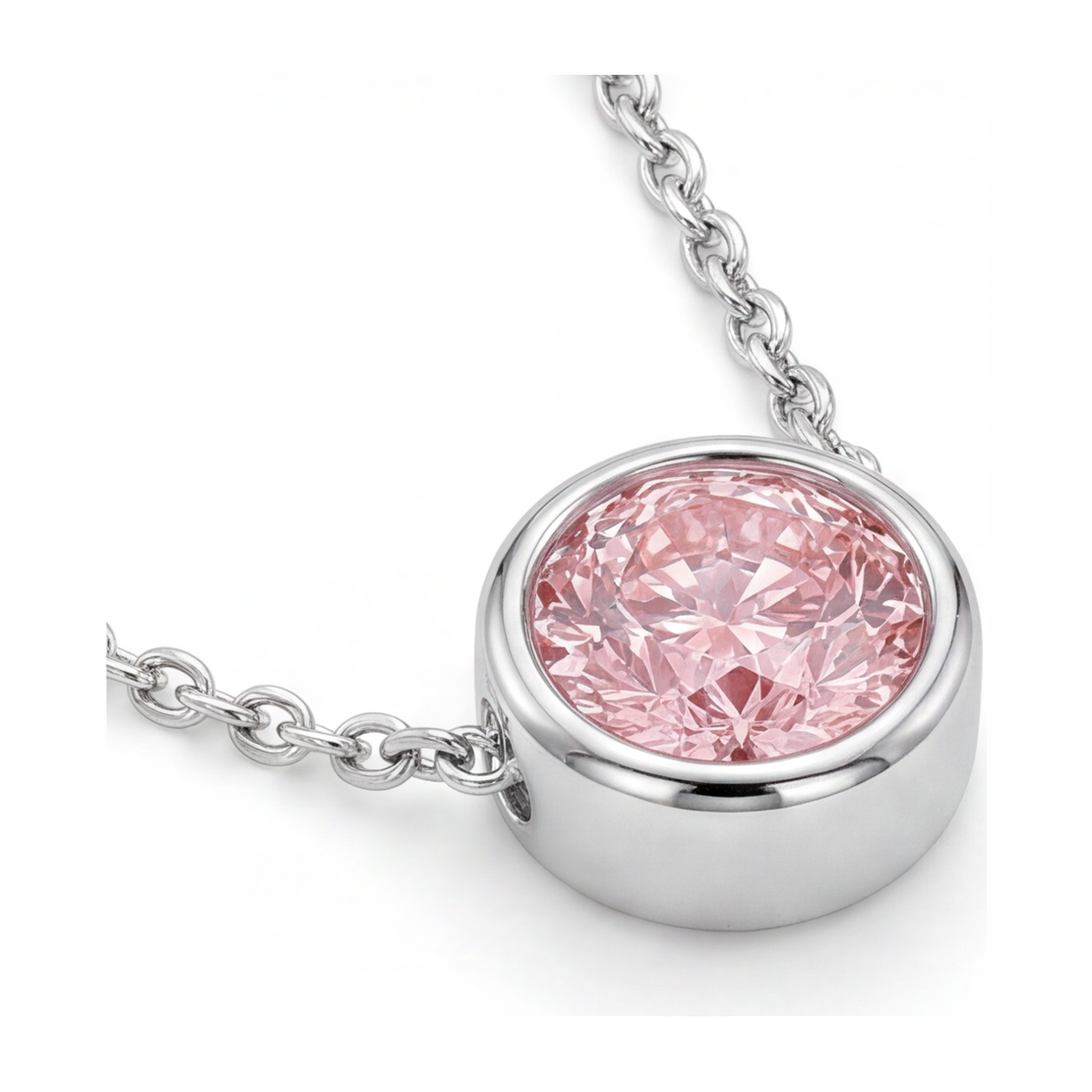 Pink Diamond Necklace 3.5 Carat Lab Grown Round Bezel Pendant 14K White Gold