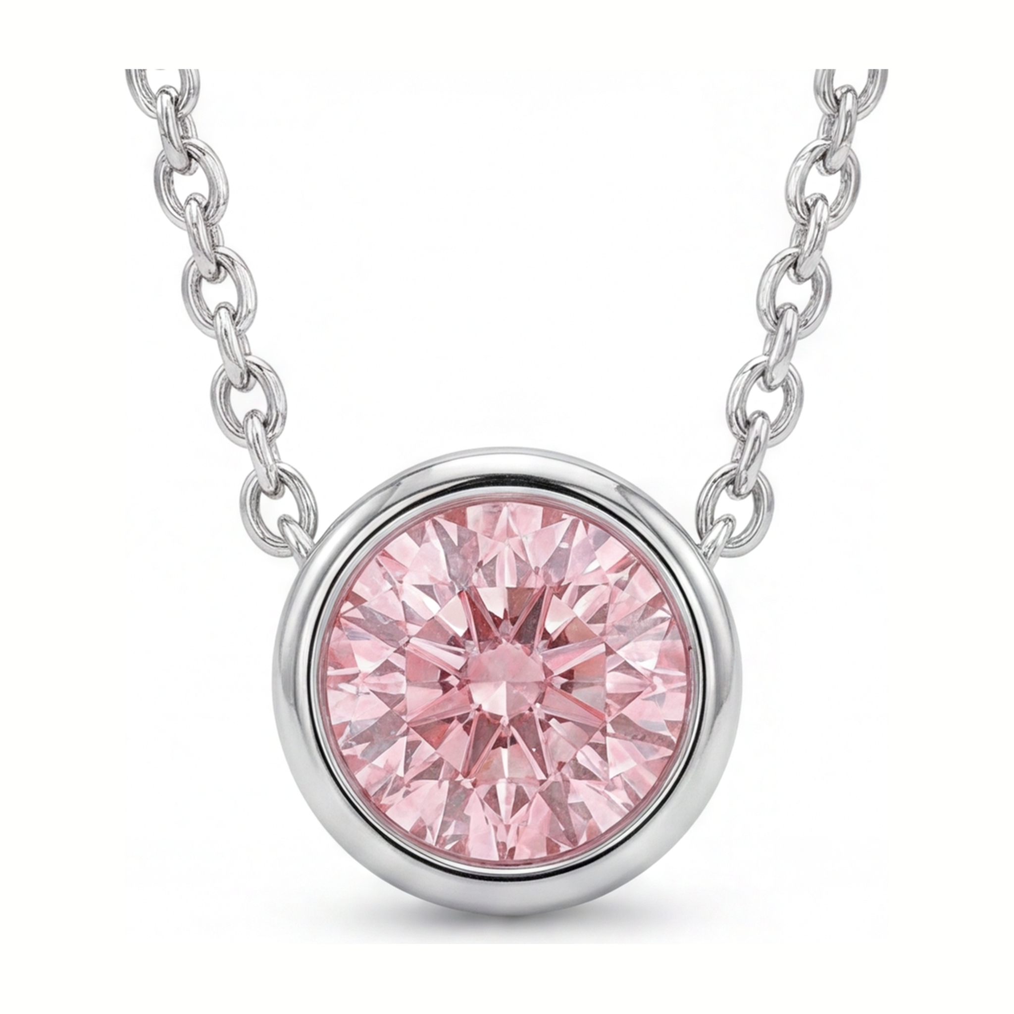 Pink Diamond Necklace 3.5 Carat Lab Grown Round Bezel Pendant 14K White Gold