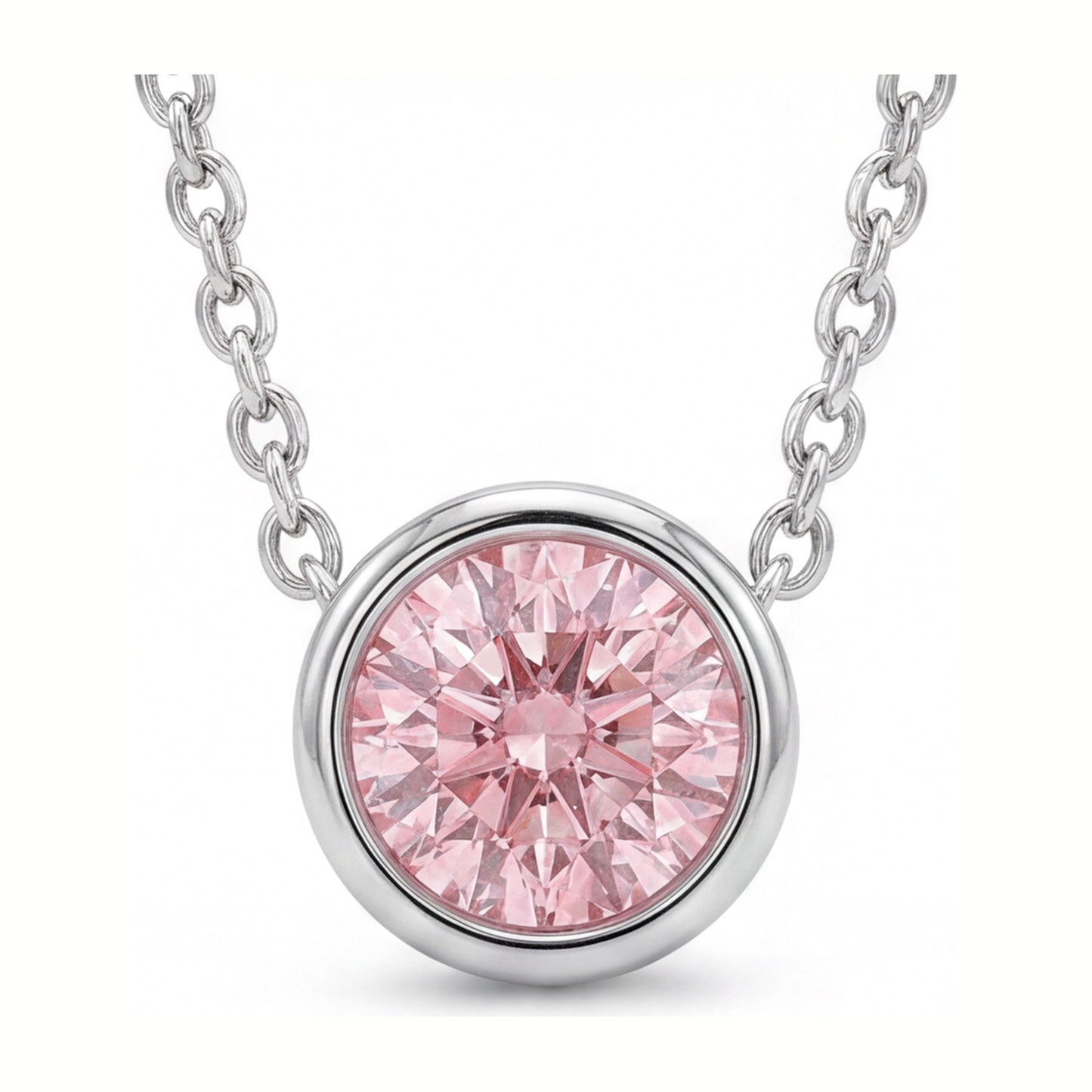 Pink Diamond Necklace 3.5 Carat Lab Grown Round Bezel Pendant 14K White Gold