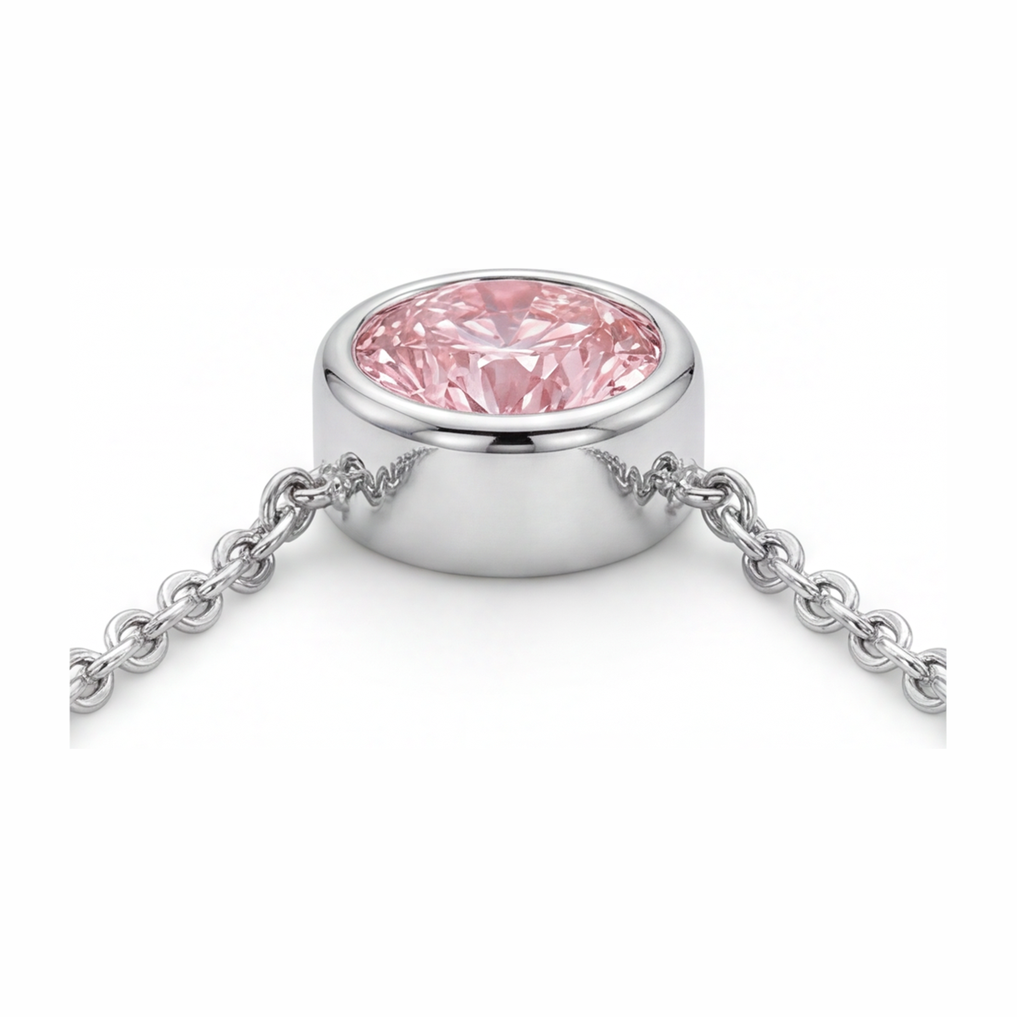 Pink Diamond Necklace 3.5 Carat Lab Grown Round Bezel Pendant 14K White Gold