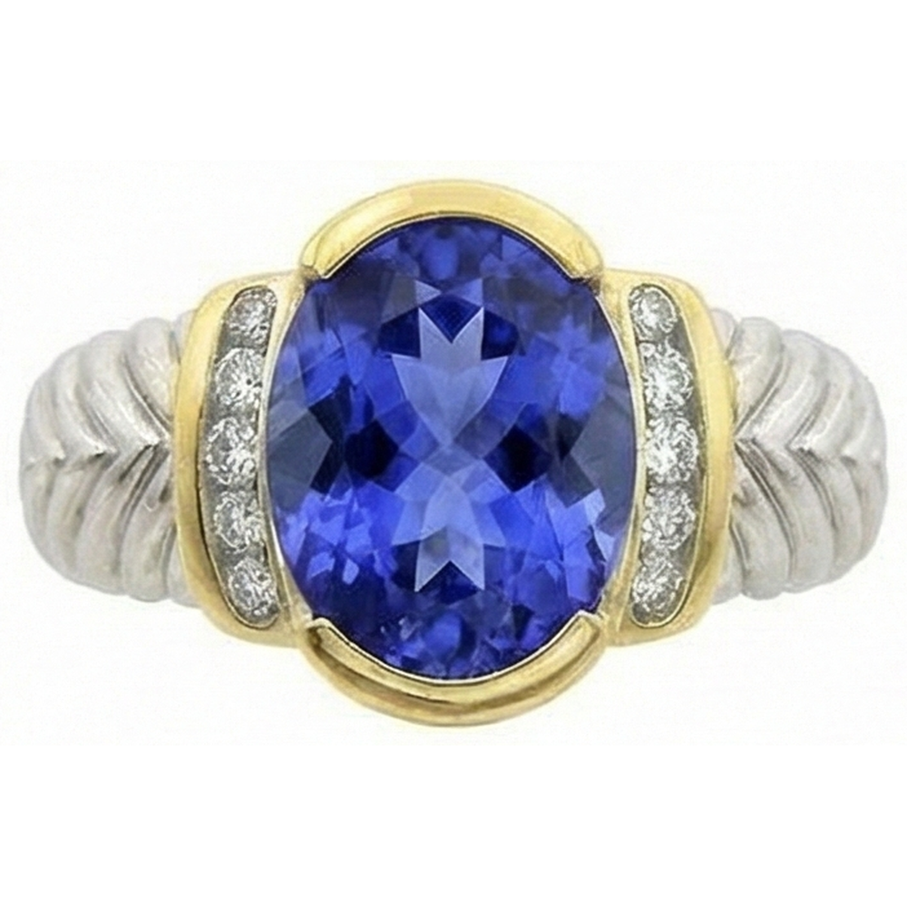 3.50 Carat Oval Tanzanite Sparkling Natural Earth Mined DIAMOND ( NOT LAB GROWN )s Ring New Two Tone