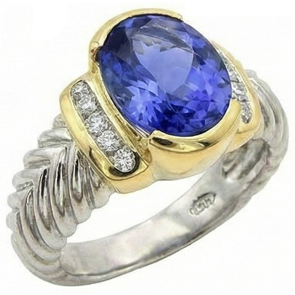 3.50 Carat Oval Tanzanite Sparkling Natural Earth Mined DIAMOND ( NOT LAB GROWN )s Ring New Two Tone