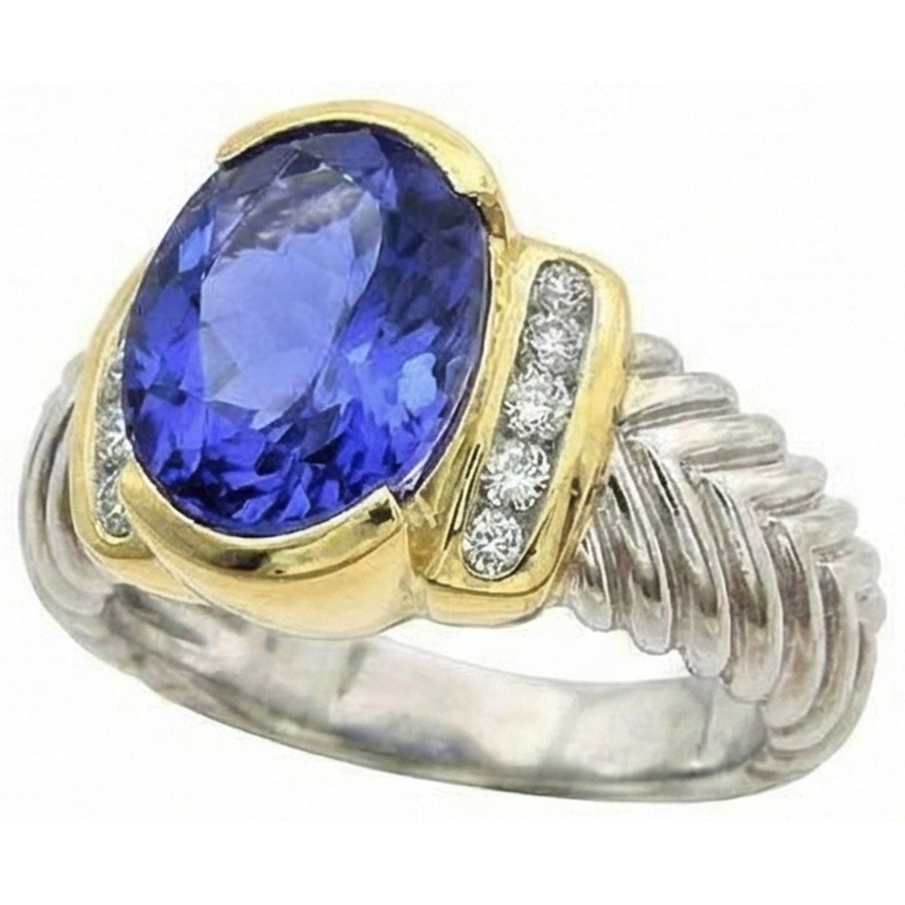 3.50 Carat Oval Tanzanite Sparkling Natural Earth Mined DIAMOND ( NOT LAB GROWN )s Ring New Two Tone