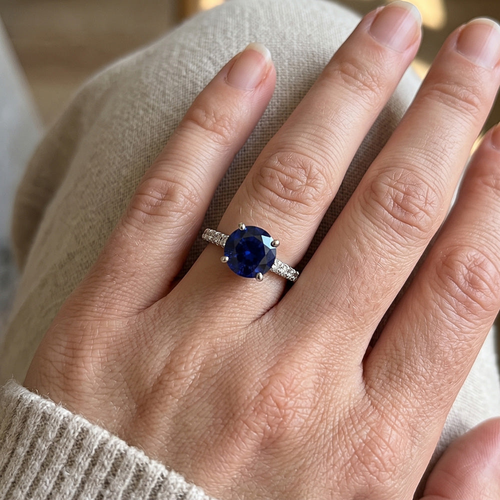 3.50 Carats Blue Sapphire Solitaire & Round Natural Earth Mined Diamond Accents 4 Prong