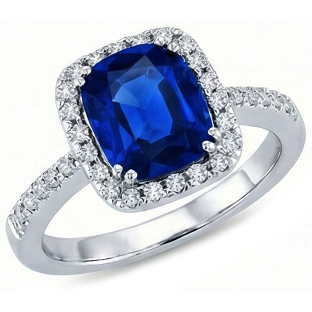 3.50 Carats Ceylon Blue Sapphire Halo Natural Earth Mined DIAMOND ( NOT LAB GROWN )s Ring White Gold 14K