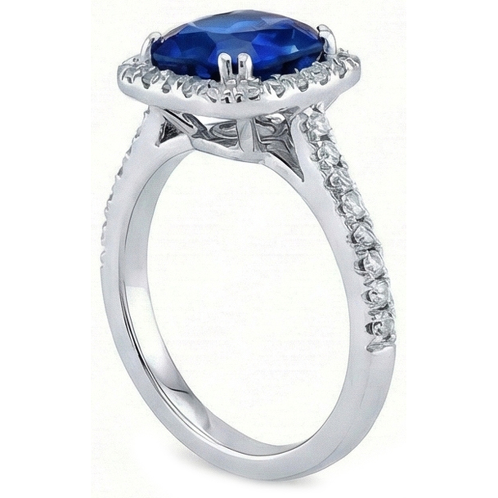 3.50 Carats Ceylon Blue Sapphire Halo Natural Earth Mined DIAMOND ( NOT LAB GROWN )s Ring White Gold 14K