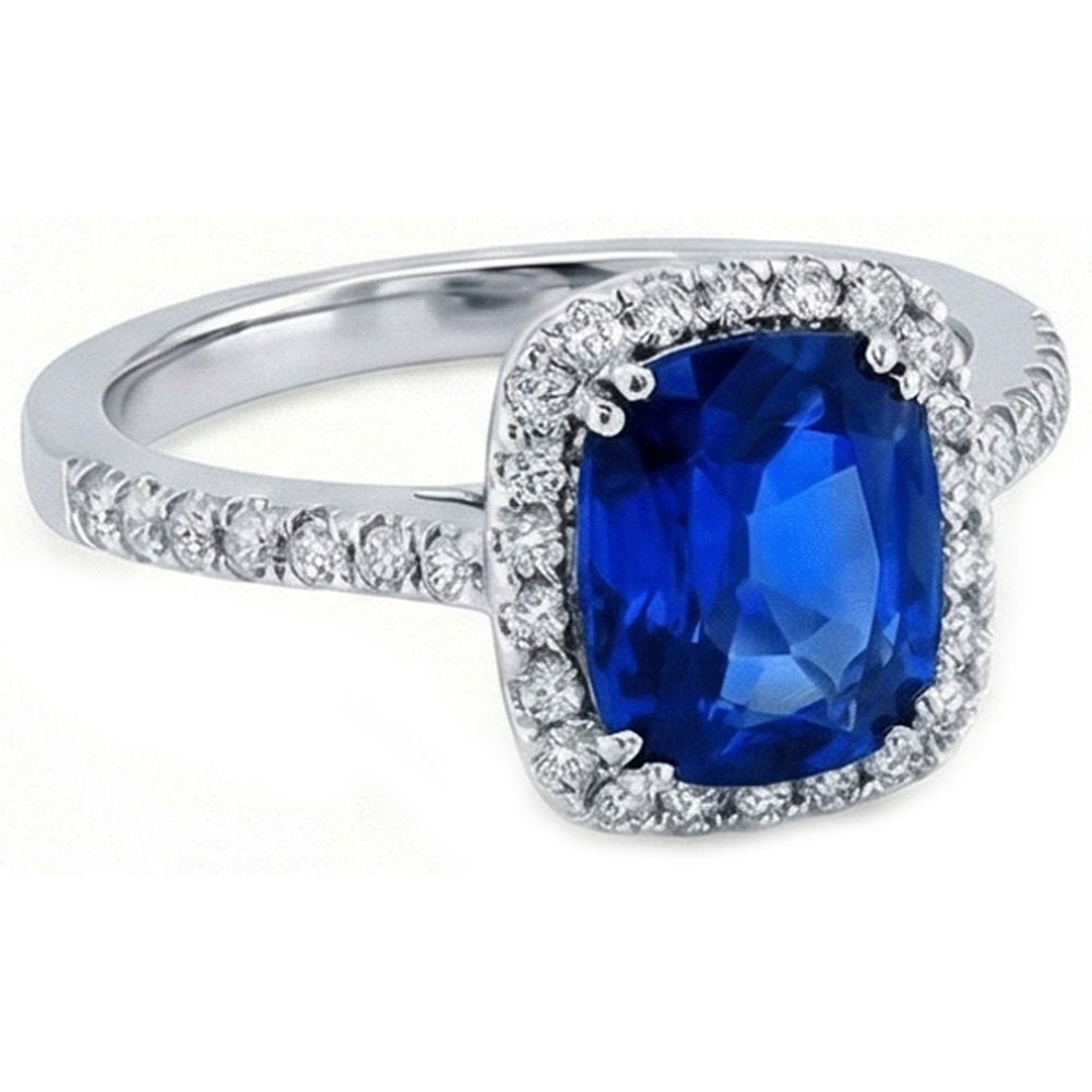 3.50 Carats Ceylon Blue Sapphire Halo Natural Earth Mined DIAMOND ( NOT LAB GROWN )s Ring White Gold 14K