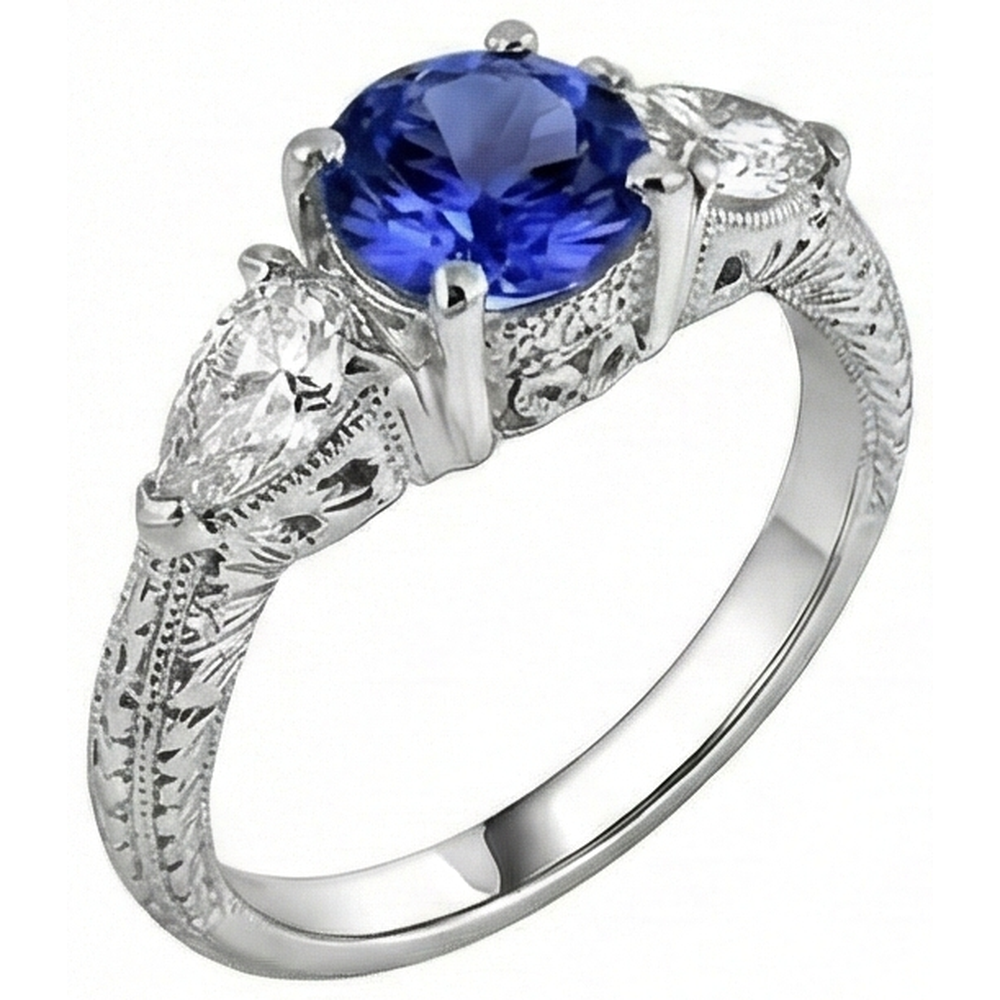 3.50 Carats Ring Round Tanzanite And Trillion Natural Earth Mined DIAMOND ( NOT LAB GROWN )s 3-Stone Jewellery