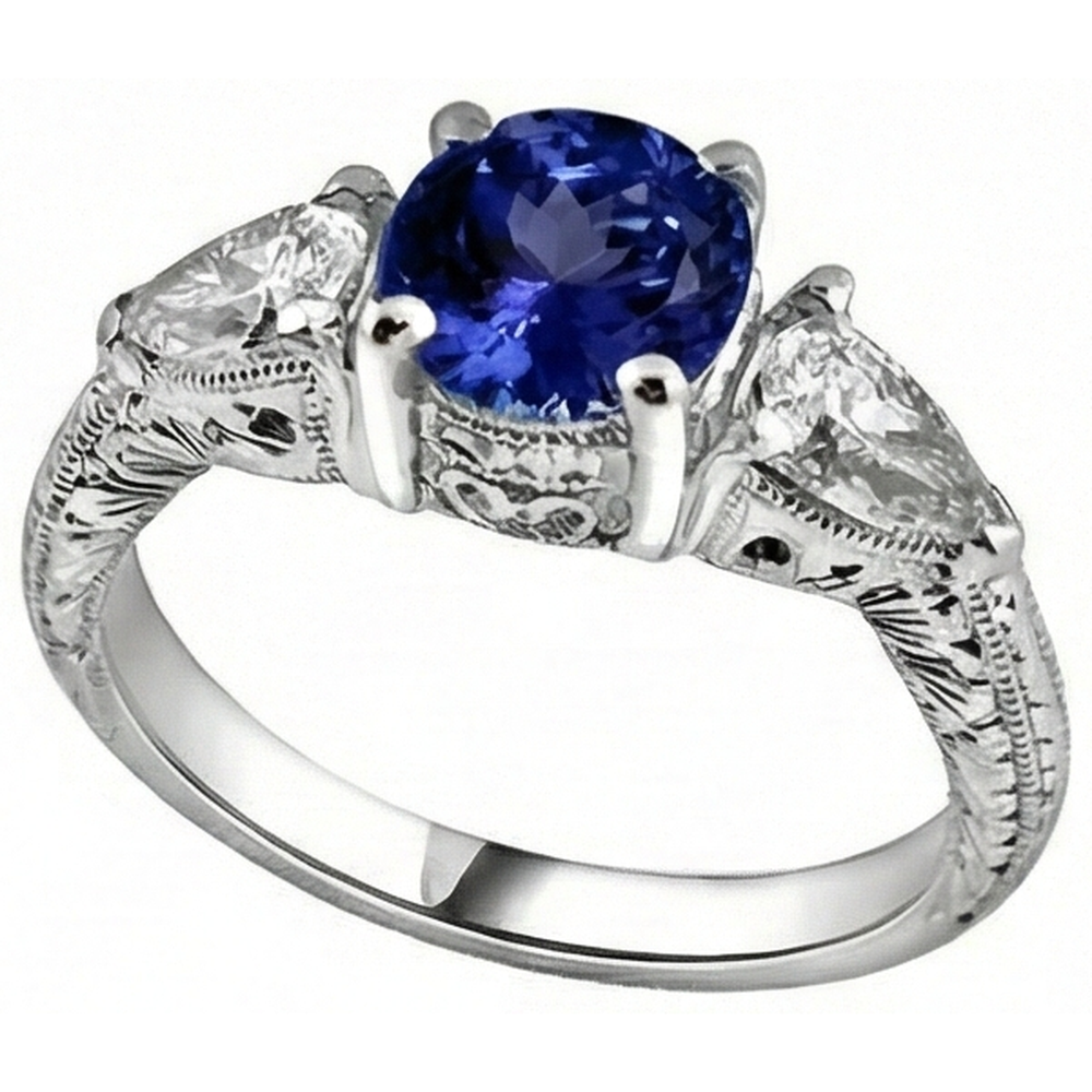 3.50 Carats Ring Round Tanzanite And Trillion Natural Earth Mined DIAMOND ( NOT LAB GROWN )s 3-Stone Jewellery