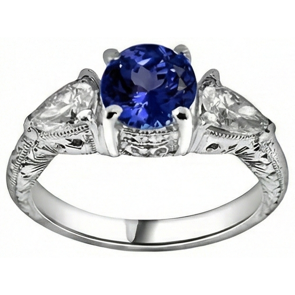 3.50 Carats Ring Round Tanzanite And Trillion Natural Earth Mined DIAMOND ( NOT LAB GROWN )s 3-Stone Jewellery
