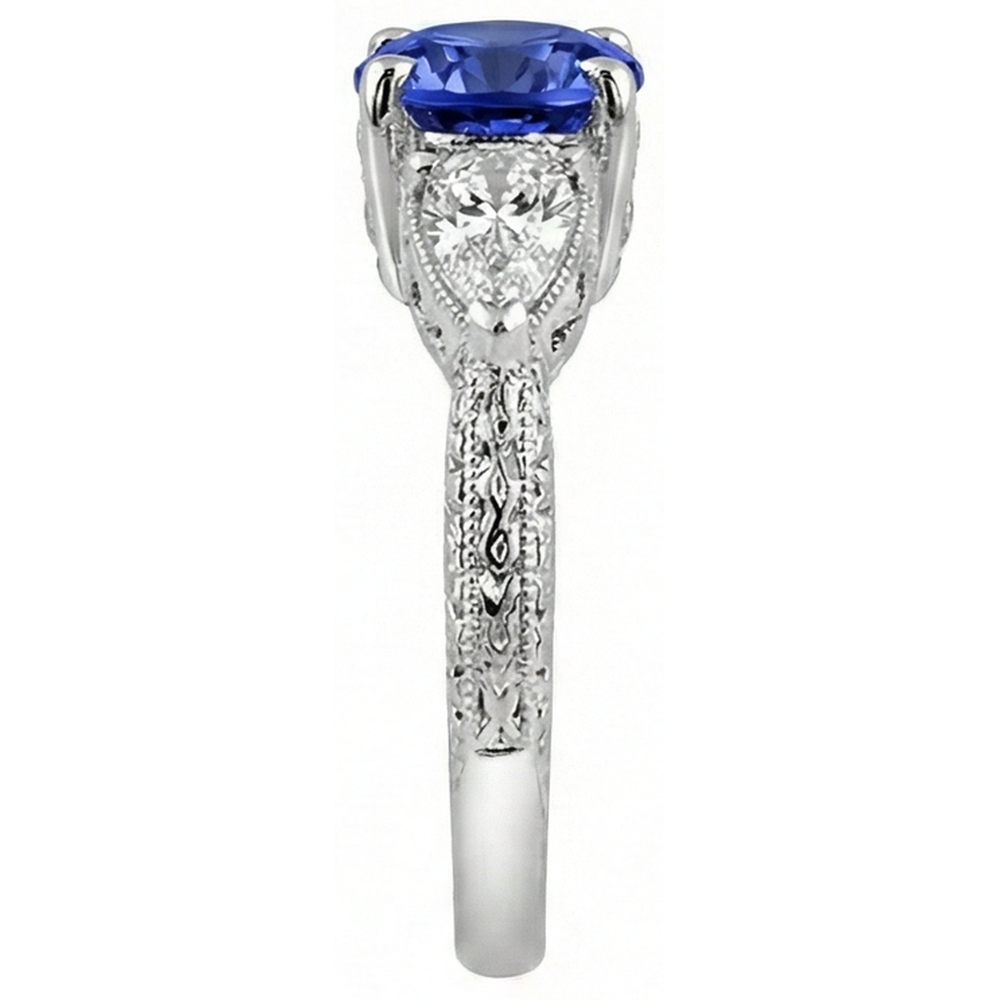 3.50 Carats Ring Round Tanzanite And Trillion Natural Earth Mined DIAMOND ( NOT LAB GROWN )s 3-Stone Jewellery