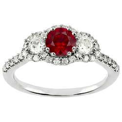 3.50 Carats Round Red Ruby Natural Earth Mined DIAMOND ( NOT LAB GROWN ) 3 Stone Style Ring White Gold 14K