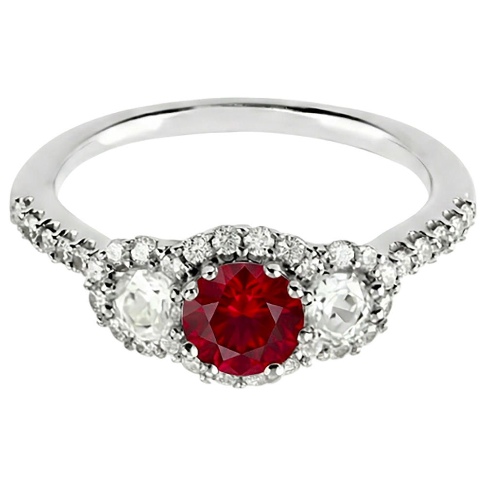 3.50 Carats Round Red Ruby Natural Earth Mined DIAMOND ( NOT LAB GROWN ) 3 Stone Style Ring White Gold 14K