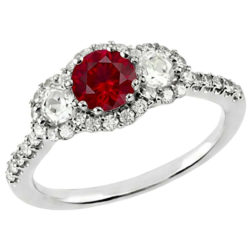 3.50 Carats Round Red Ruby Natural Earth Mined DIAMOND ( NOT LAB GROWN ) 3 Stone Style Ring White Gold 14K
