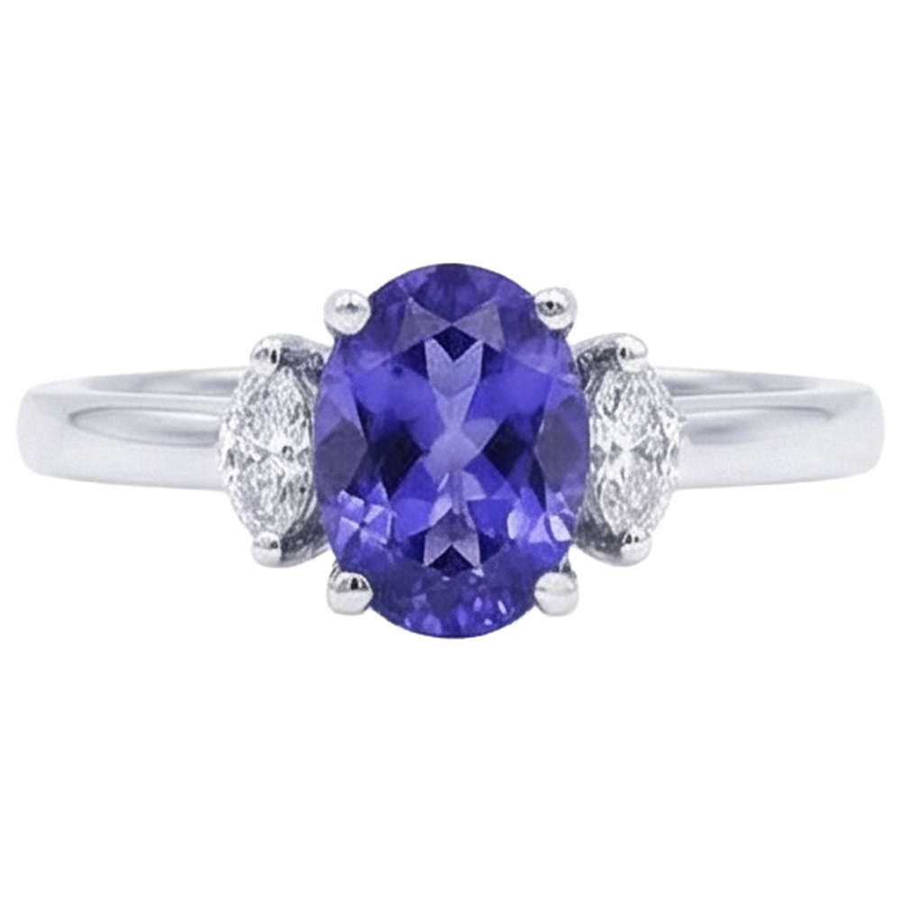 3.50 Carats Three Stone Tanzanite With Natural Earth Mined Diamonds Ring White Gold 14K