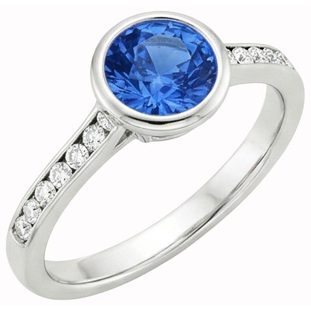 3.50 Ct Bezel Set Round Ceylon Sapphire & Natural Earth Mined DIAMOND ( NOT LAB GROWN )s Ring White Gold 14K