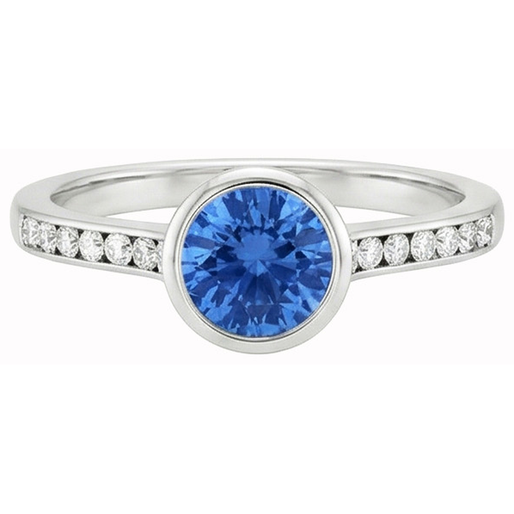 3.50 Ct Bezel Set Round Ceylon Sapphire & Natural Earth Mined DIAMOND ( NOT LAB GROWN )s Ring White Gold 14K