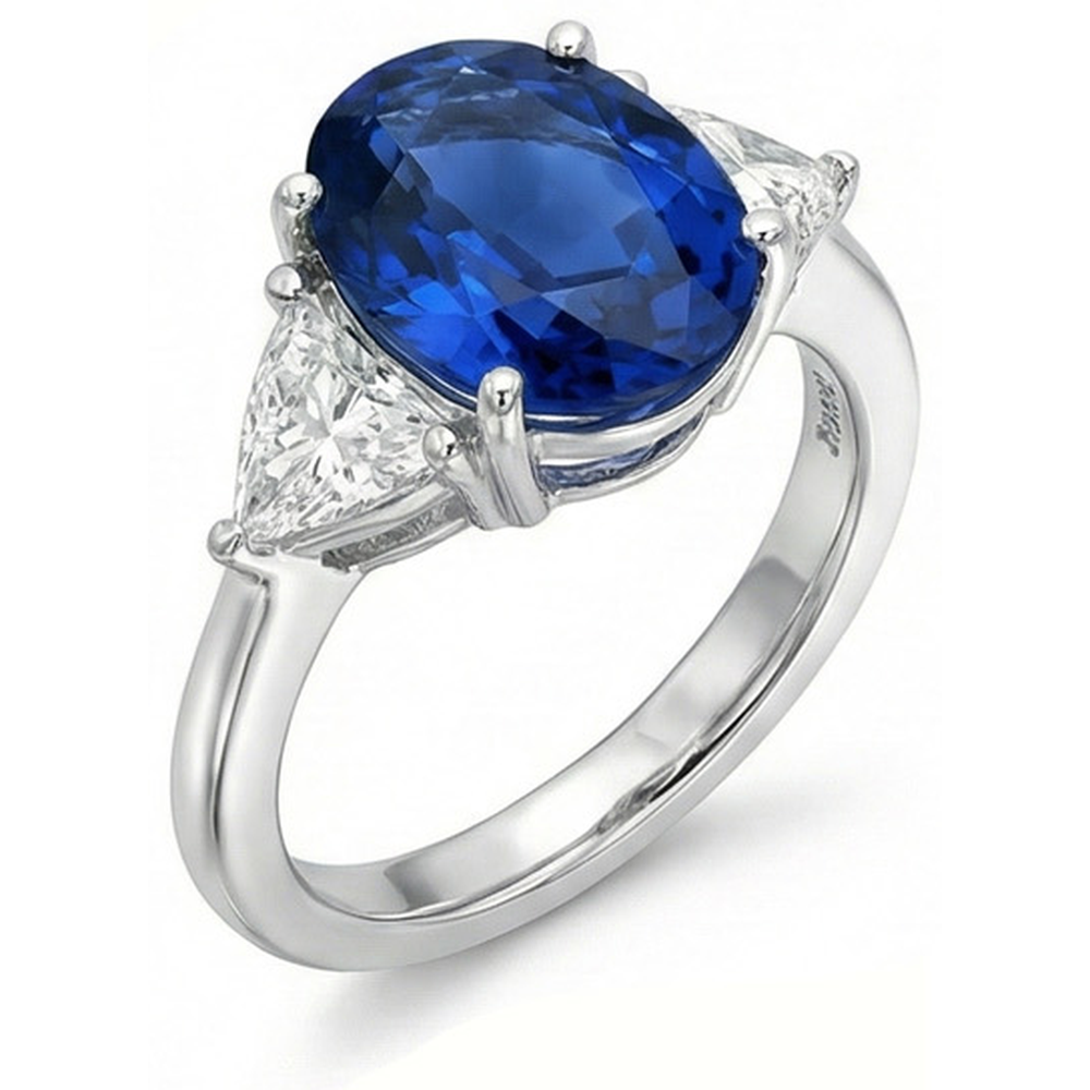 3.50 Ct Oval And Trillion Ceylon Sapphire Natural Earth Mined DIAMOND ( NOT LAB GROWN )s Ring White Gold
