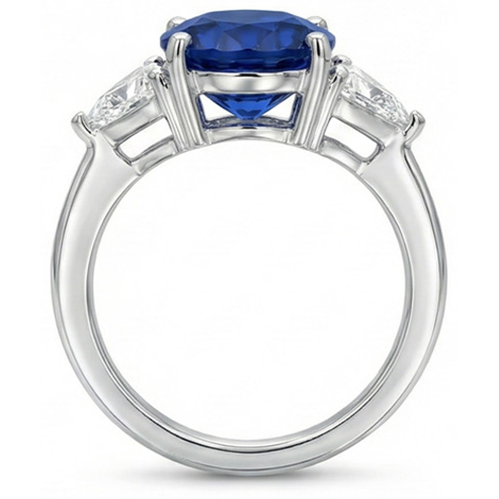 3.50 Ct Oval And Trillion Ceylon Sapphire Natural Earth Mined DIAMOND ( NOT LAB GROWN )s Ring White Gold