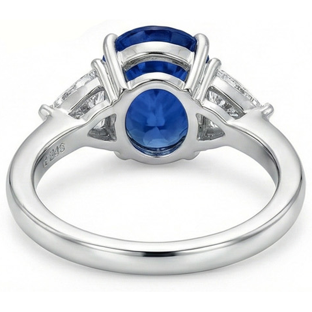 3.50 Ct Oval And Trillion Ceylon Sapphire Natural Earth Mined DIAMOND ( NOT LAB GROWN )s Ring White Gold