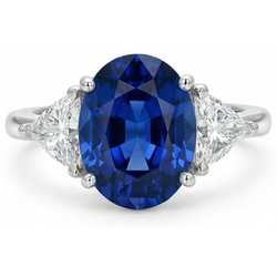 3.50 Ct Oval And Trillion Ceylon Sapphire Natural Earth Mined DIAMOND ( NOT LAB GROWN )s Ring White Gold