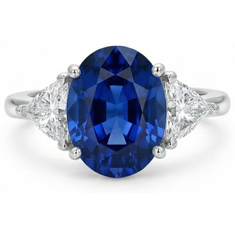 3.50 Ct Oval And Trillion Ceylon Sapphire Natural Earth Mined DIAMOND ( NOT LAB GROWN )s Ring White Gold