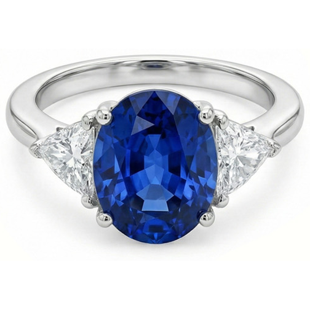 3.50 Ct Oval And Trillion Ceylon Sapphire Natural Earth Mined DIAMOND ( NOT LAB GROWN )s Ring White Gold