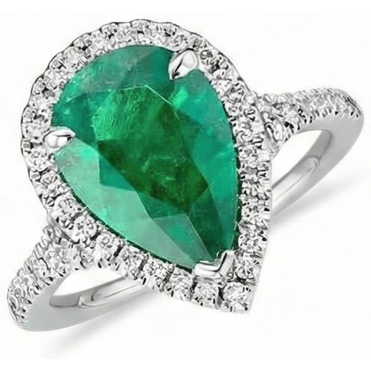 3.50 Ct Pear Cut Green Emerald And Natural Earth Mined Diamond Wedding Ring