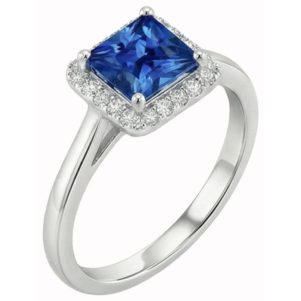 3.50 Ct Princess And Round Sri Lanka Sapphire Natural Earth Mined Diamond Ring White Gold