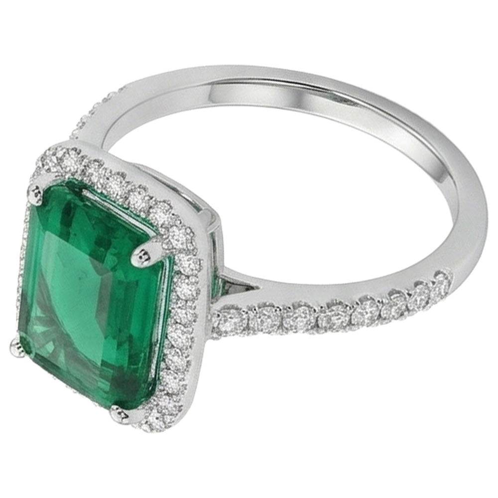 3.55 Ct Emerald Cut Green Emerald With Round Natural Earth Mined Diamond Wedding Ring