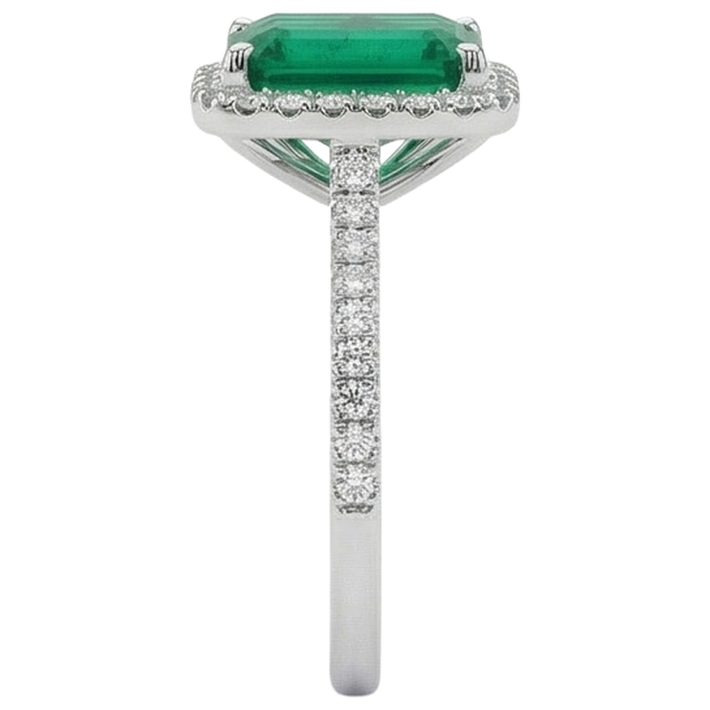 3.55 Ct Emerald Cut Green Emerald With Round Natural Earth Mined Diamond Wedding Ring
