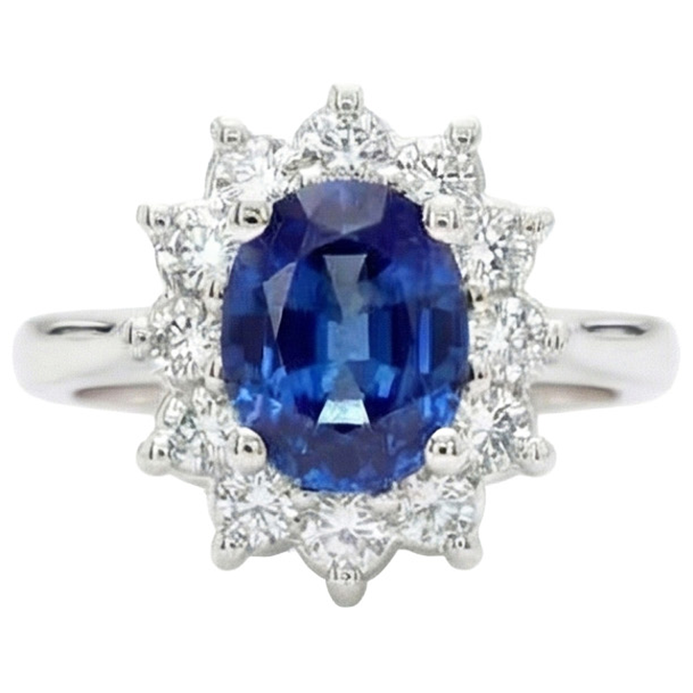 3.60 Carats Blue Sapphire And Natural Earth Mined DIAMOND ( NOT LAB GROWN ) Ring Flower Style White Gold 14K