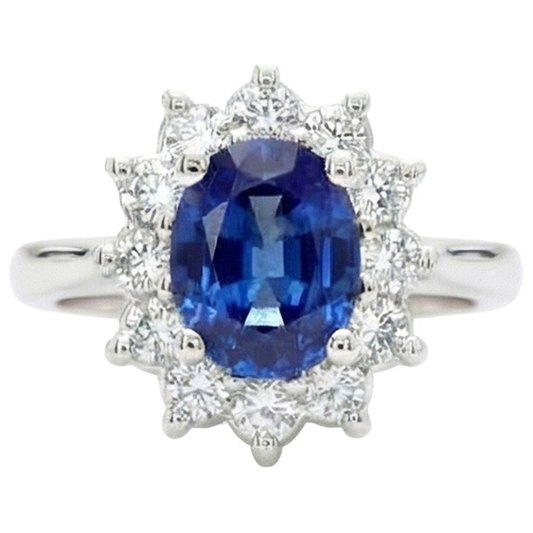 3.60 Carats Blue Sapphire And Natural Earth Mined DIAMOND ( NOT LAB GROWN ) Ring Flower Style White Gold 14K