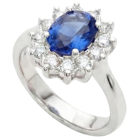 3.60 Carats Blue Sapphire And Natural Earth Mined DIAMOND ( NOT LAB GROWN ) Ring Flower Style White Gold 14K