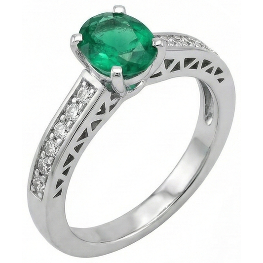 3.60 Ct Oval Green Emerald And Natural Earth Mined Diamonds Ring 14K White Gold