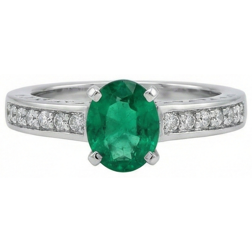 3.60 Ct Oval Green Emerald And Natural Earth Mined Diamonds Ring 14K White Gold