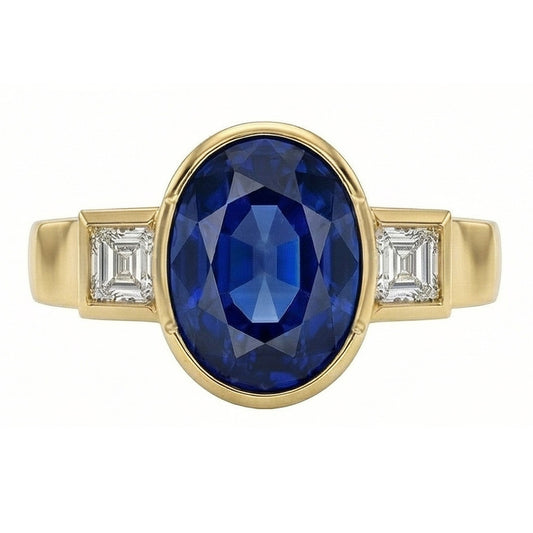 3.61 Ct Natural Earth Mined DIAMOND ( NOT LAB GROWN )s 3-Stone Sri Lanka Blue Sapphire Bezel Ring
