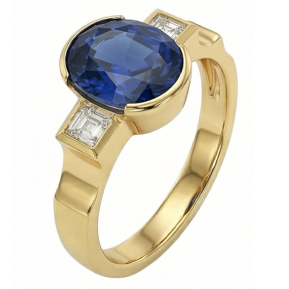 3.61 Ct Natural Earth Mined DIAMOND ( NOT LAB GROWN )s 3-Stone Sri Lanka Blue Sapphire Bezel Ring