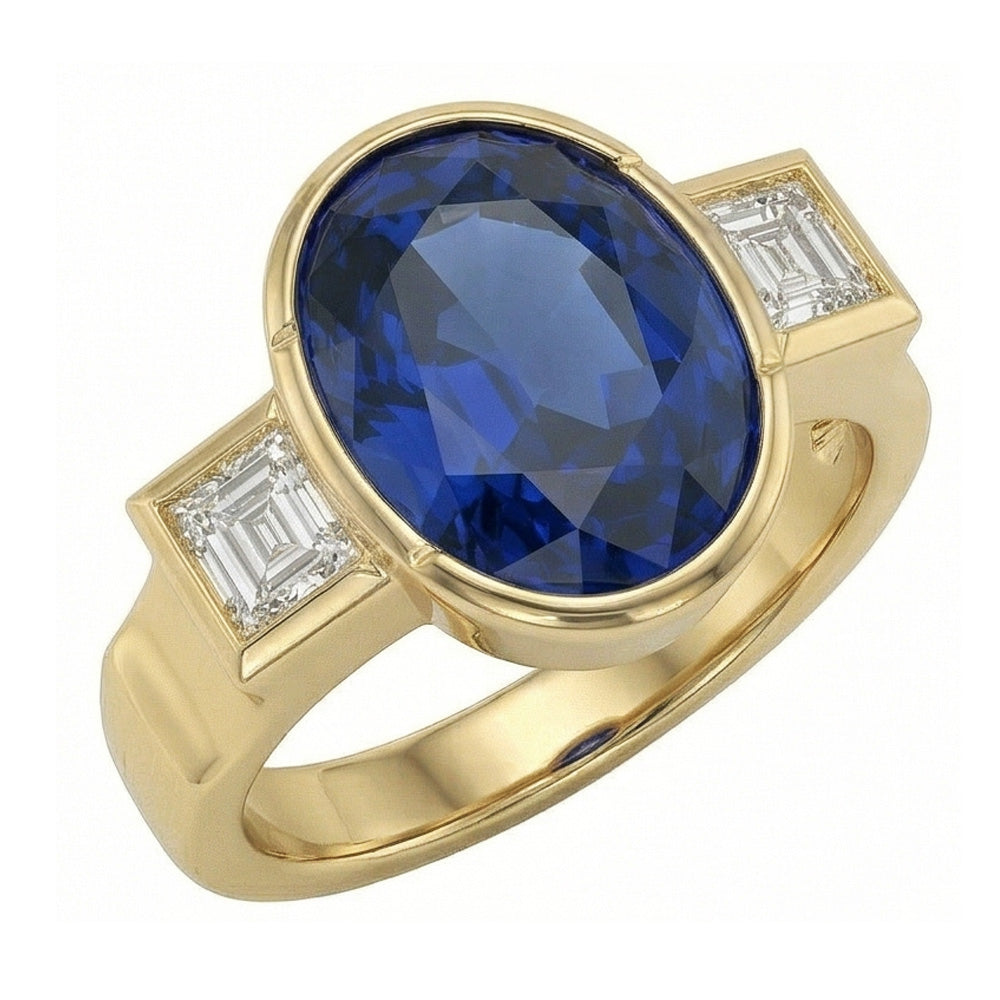 3.61 Ct Natural Earth Mined DIAMOND ( NOT LAB GROWN )s 3-Stone Sri Lanka Blue Sapphire Bezel Ring